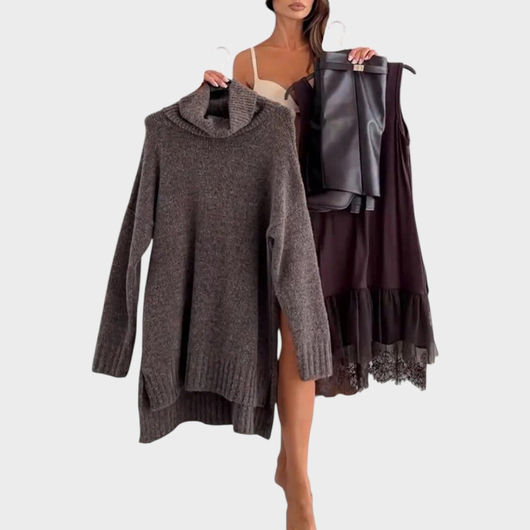 Aurora™ | Oversized rullekravesweater med blondedetalje