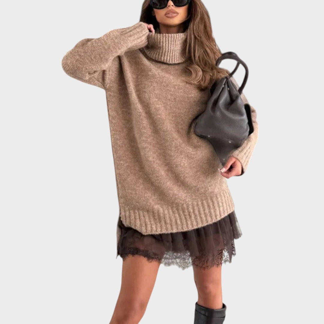 Aurora™ | Oversized rullekravesweater med blondedetalje