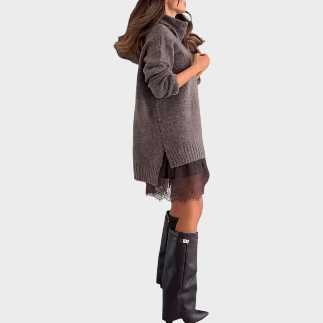 Aurora™ | Oversized rullekravesweater med blondedetalje