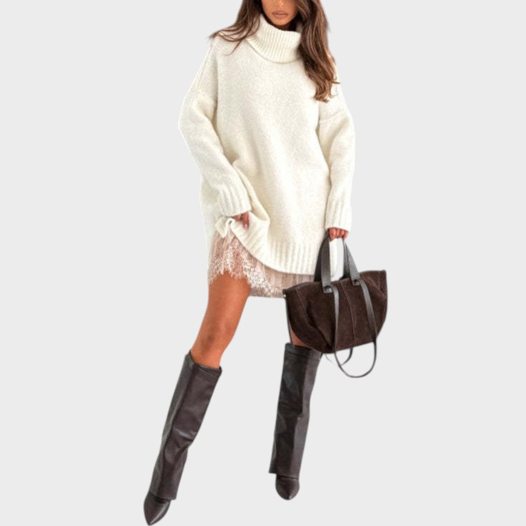 Aurora™ | Oversized rullekravesweater med blondedetalje