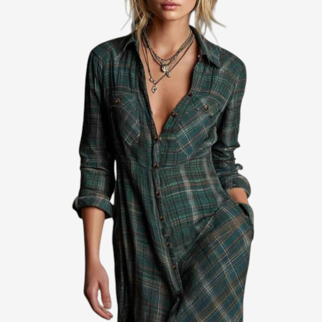 Rosa™ | Elegant lang skjortekjole med tern